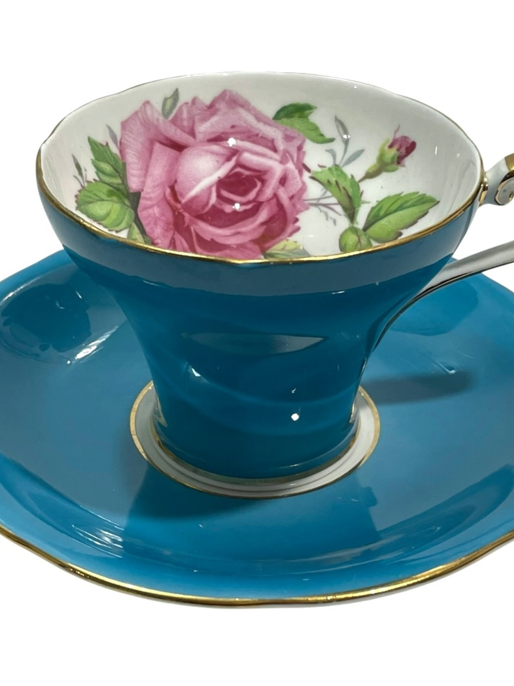 Vintage 1940s Aynsley Cabbage Rose Turquoise Corset Tea Cup Saucer C959 England